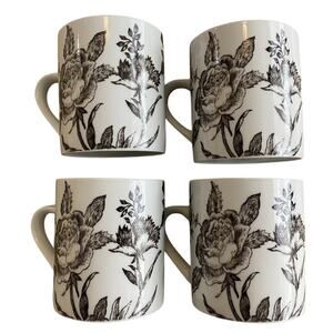 OLEG CASSINI TEA GARDEN 4" Mugs Black & White w Birds & Flowers Set of 4 Mugs